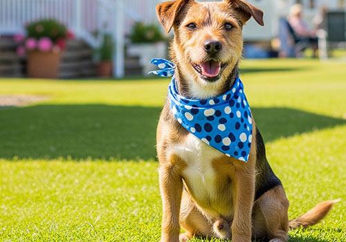 Adorable dog wearing a blue polka-dot bandana sitting happily on the grass at Lake Glenmaggie Holiday Park.